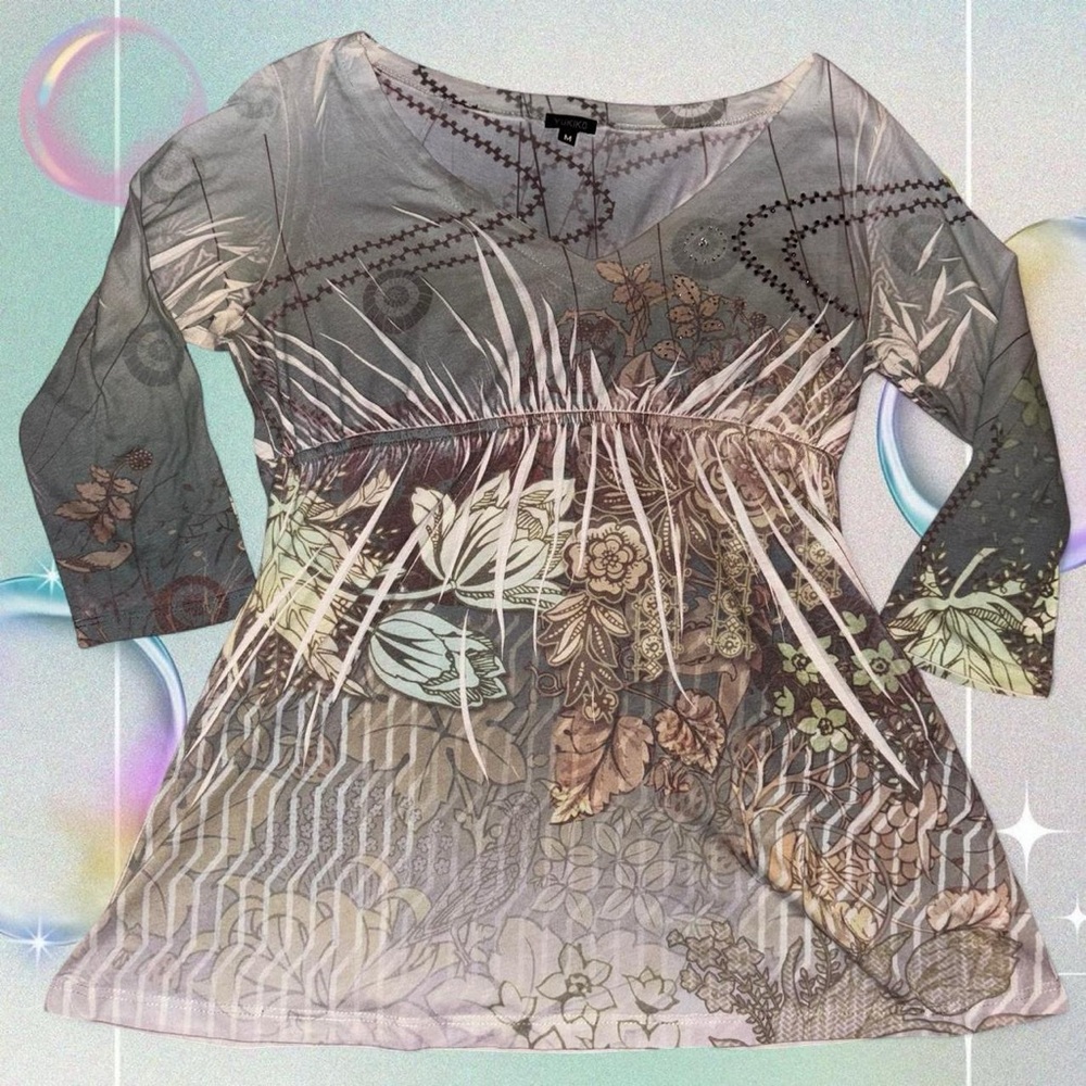 vtg y2k yukiko whimsical rhinestone detail sublimated aop babydoll top, sz md
